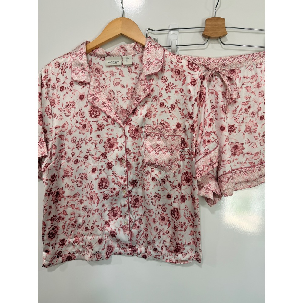 Haute Hippie Style Womens Pink Floral Satin Pajama Set Shirt and Shorts Size L